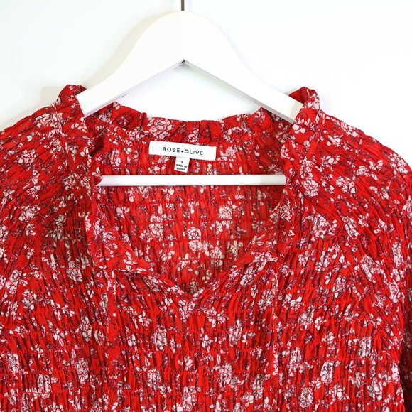 ROSE+OLIVE Red Cream Long Sleeve Floral Elastic Smocked Blouse - Size Small - Picture 3 of 14